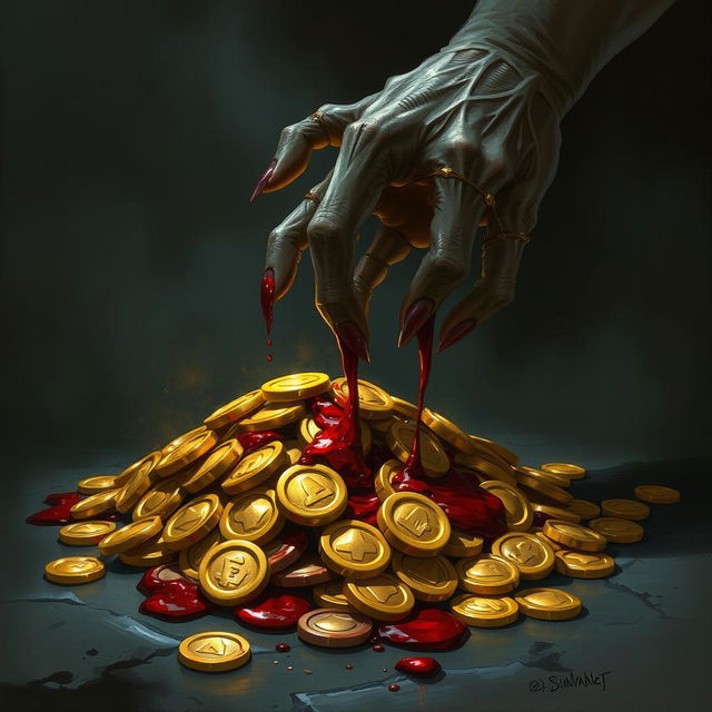 A dark fantasy illustration reminiscent of Magic the Gathering, featuring a lifeless hand dripping blood onto a shimmering pile of gold coins