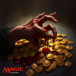 A dark fantasy illustration reminiscent of Magic the Gathering, featuring a lifeless hand dripping blood onto a shimmering pile of gold coins