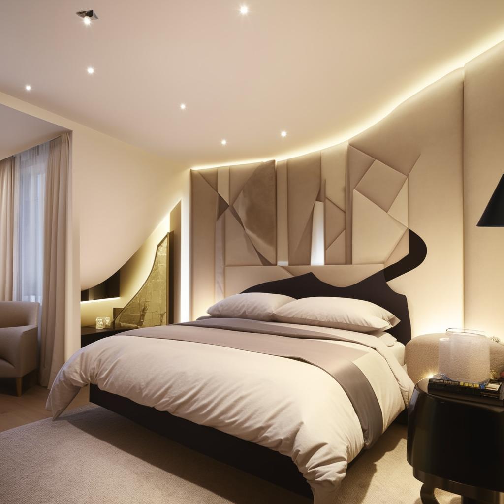 Spacious and cozy bedroom interior featuring modern lighting, luxury bedding, contemporary furniture, unique wall decor and soft color tones