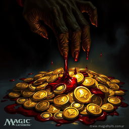 A dramatic dark fantasy illustration in the style of Magic the Gathering, featuring a lifeless hand dripping vivid blood onto a glittering pile of gold coins