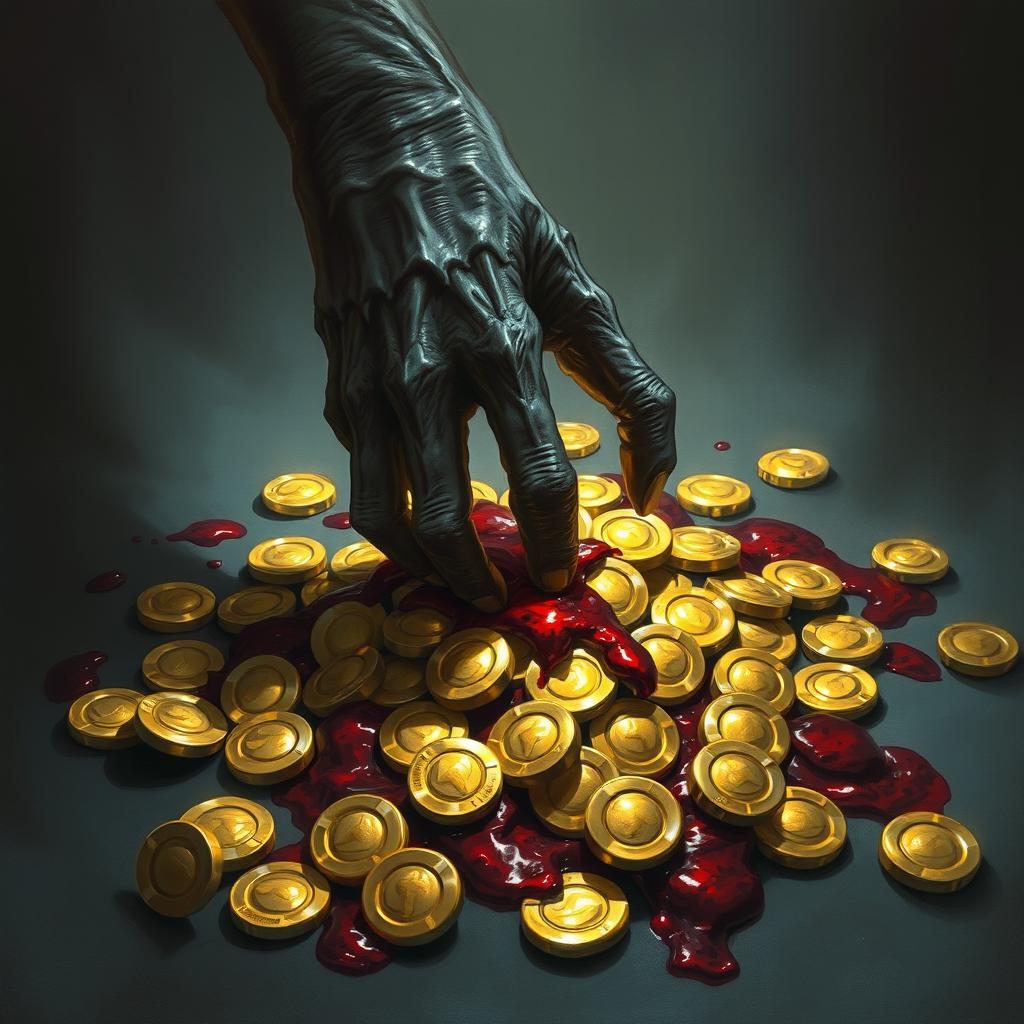 A dramatic dark fantasy illustration in the style of Magic the Gathering, featuring a lifeless hand dripping vivid blood onto a glittering pile of gold coins