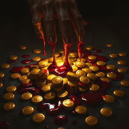 A dramatic dark fantasy illustration in the style of Magic the Gathering, featuring a lifeless hand dripping vivid blood onto a glittering pile of gold coins