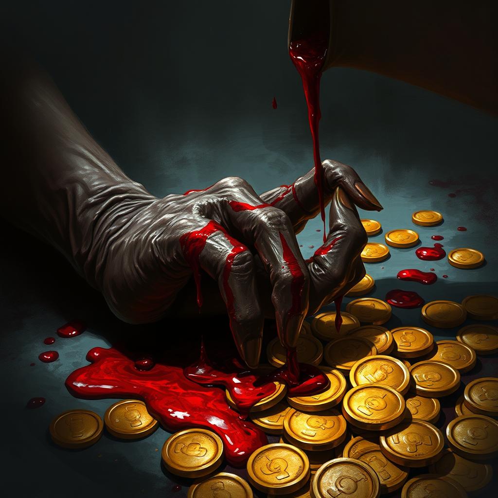 A dramatic dark fantasy illustration in the style of Magic the Gathering, featuring a lifeless hand dripping vivid blood onto a glittering pile of gold coins