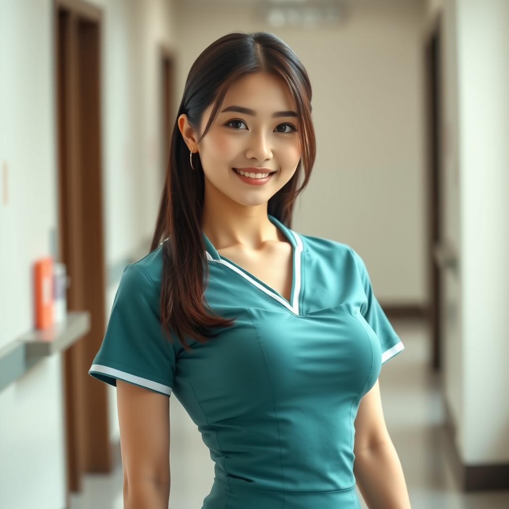 A sexy 25-year-old Korean nurse with sleek, straight hair, dressed in a tight-fitting nurse uniform that features a deep neckline, accentuating her ample bust