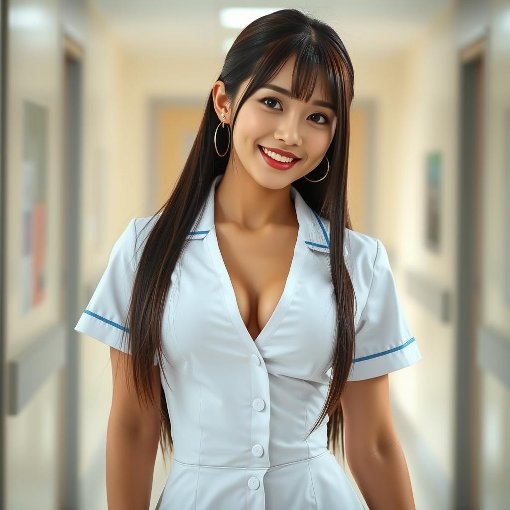 A sexy 25-year-old Korean nurse with sleek, straight hair, dressed in a tight nurse uniform that features a deep neckline, accentuating her ample bosom