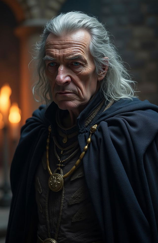 A hyper-realistic portrayal of Denethor, the steward of Gondor from the Lord of the Rings