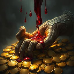 A captivating fantasy illustration in the style of Magic the Gathering, showcasing a lifeless hand dripping deep red blood onto a radiant pile of gold coins