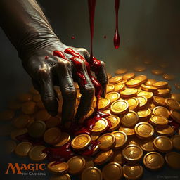 A captivating fantasy illustration in the style of Magic the Gathering, showcasing a lifeless hand dripping deep red blood onto a radiant pile of gold coins