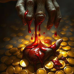 A captivating fantasy illustration in the style of Magic the Gathering, showcasing a lifeless hand dripping deep red blood onto a radiant pile of gold coins