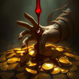 A captivating fantasy illustration in the style of Magic the Gathering, showcasing a lifeless hand dripping deep red blood onto a radiant pile of gold coins