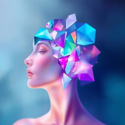 A surreal artwork depicting a human figure composed of various fragmented and colorful geometric shapes, symbolizing different aspects of emotion and identity