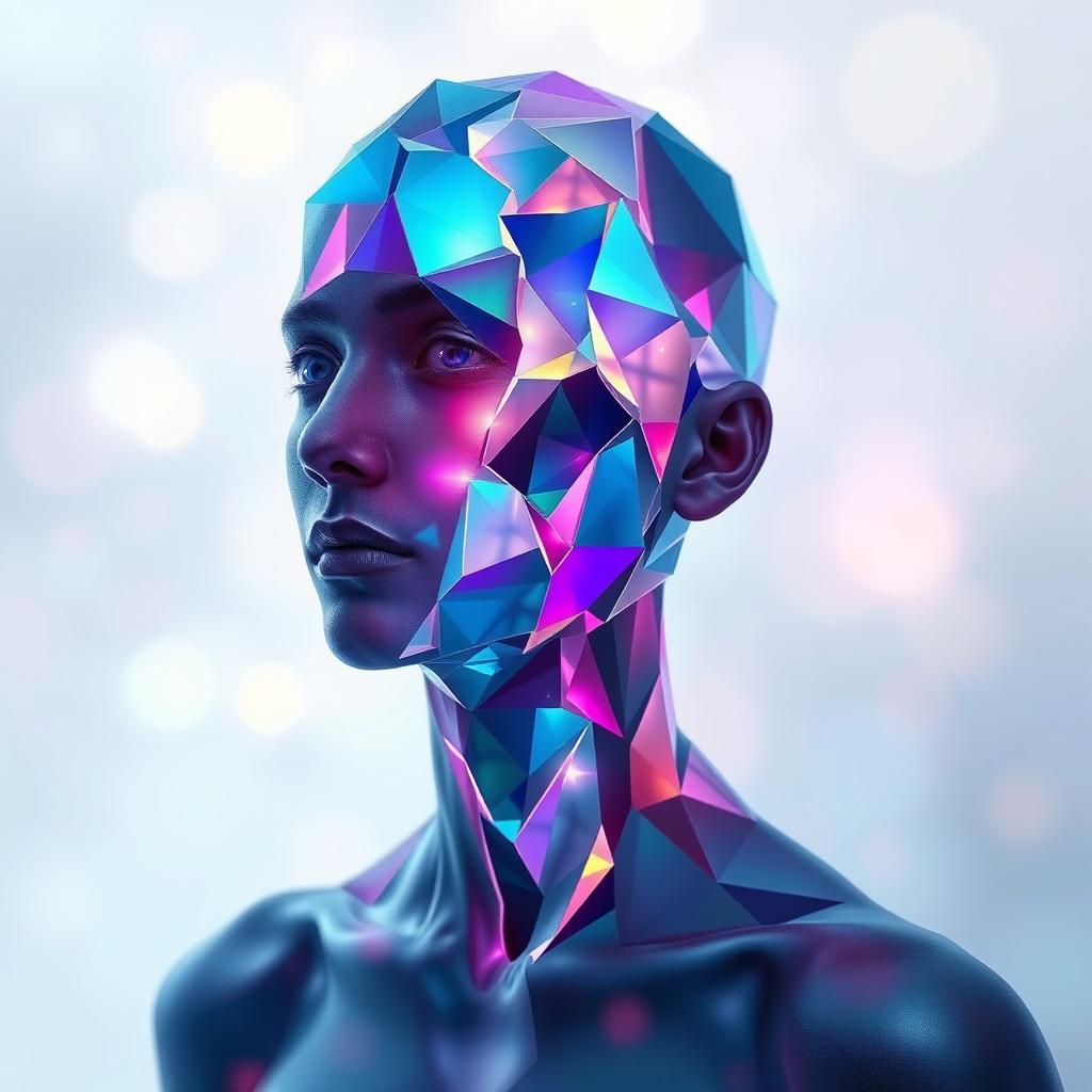 A surreal artwork depicting a human figure composed of various fragmented and colorful geometric shapes, symbolizing different aspects of emotion and identity