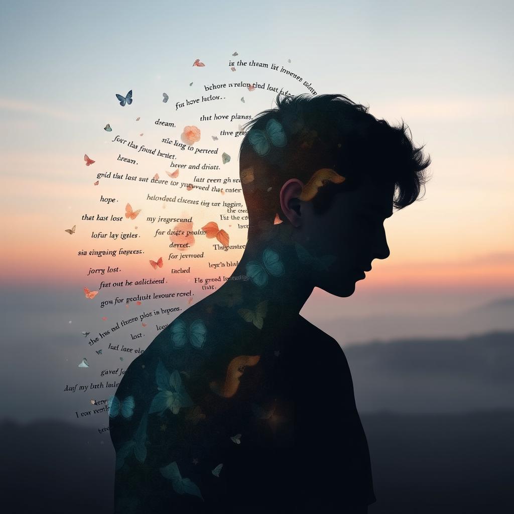 An artistic representation titled 'Fragments of His Essence' designed to evoke the mood of a poetry collection, featuring a young man whose silhouette is filled with delicate and ethereal fragments, each embodying different emotions and moments of his life