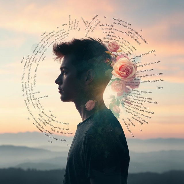 An artistic representation titled 'Fragments of His Essence' designed to evoke the mood of a poetry collection, featuring a young man whose silhouette is filled with delicate and ethereal fragments, each embodying different emotions and moments of his life