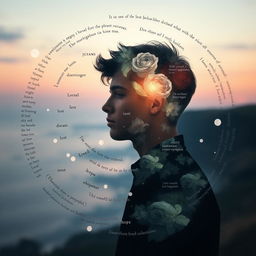 An artistic representation titled 'Fragments of His Essence' designed to evoke the mood of a poetry collection, featuring a young man whose silhouette is filled with delicate and ethereal fragments, each embodying different emotions and moments of his life