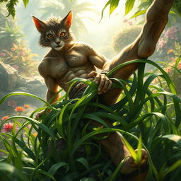 An engaging fantasy scene featuring Tangle Grass, its long, serpentine tendrils wrapping around the legs of a catman, immobilizing him in a lush, vibrant setting