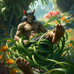 An engaging fantasy scene featuring Tangle Grass, its long, serpentine tendrils wrapping around the legs of a catman, immobilizing him in a lush, vibrant setting