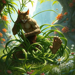 An engaging fantasy scene featuring Tangle Grass, its long, serpentine tendrils wrapping around the legs of a catman, immobilizing him in a lush, vibrant setting