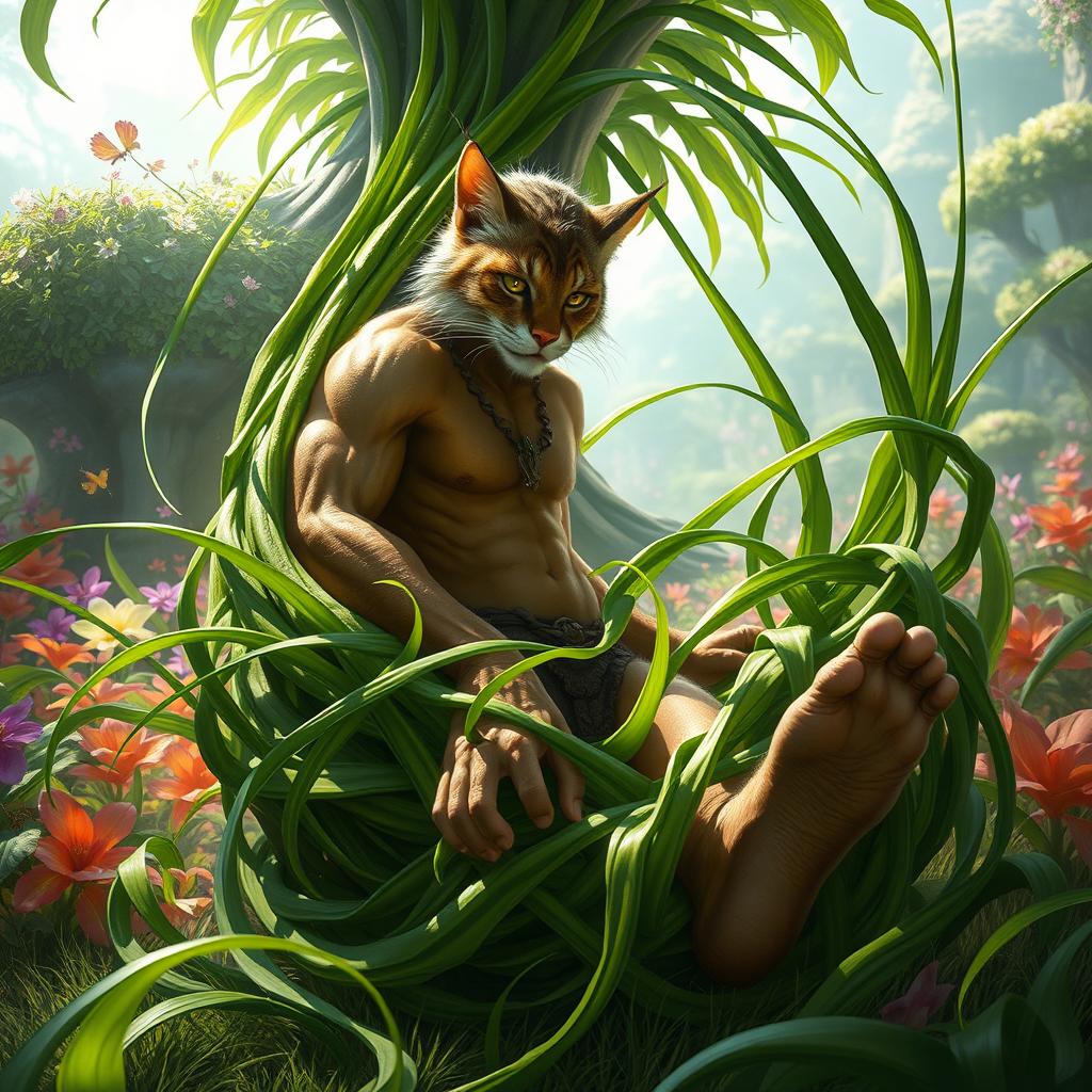 An engaging fantasy scene featuring Tangle Grass, its long, serpentine tendrils wrapping around the legs of a catman, immobilizing him in a lush, vibrant setting