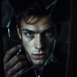 A captivating image of a young man with intense hazel eyes, staring fixedly from behind a fragmented mirror