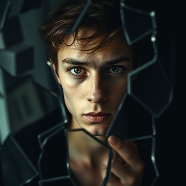 A captivating image of a young man with intense hazel eyes, staring fixedly from behind a fragmented mirror