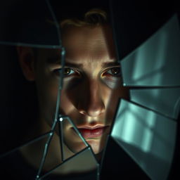 A captivating image of a young man with intense hazel eyes, staring fixedly from behind a fragmented mirror