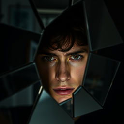 A captivating image of a young man with intense hazel eyes, staring fixedly from behind a fragmented mirror