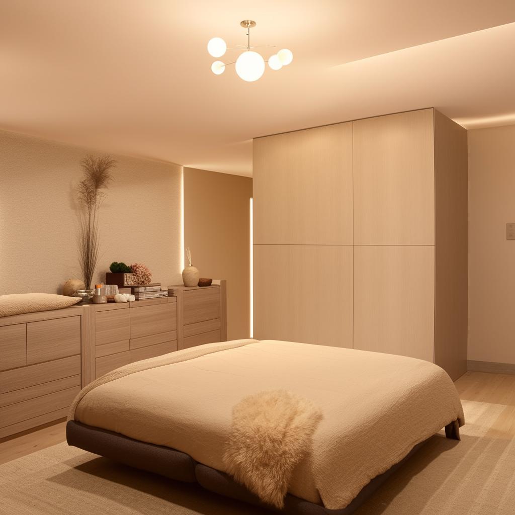 Spacious and cozy bedroom interior featuring modern lighting, luxury bedding, contemporary furniture, unique wall decor and soft color tones