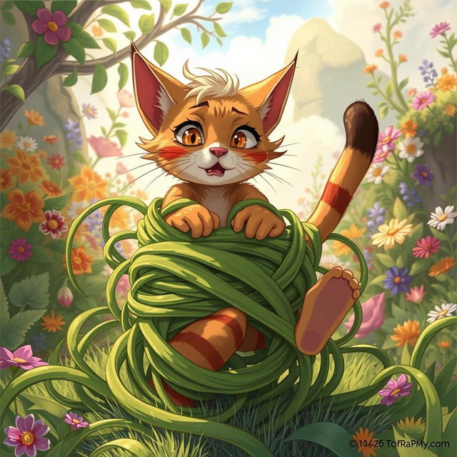 A dynamic illustration featuring Tangle Grass, vividly depicted as it wraps tightly around the legs of a cat-person, effectively constricting and immobilizing him