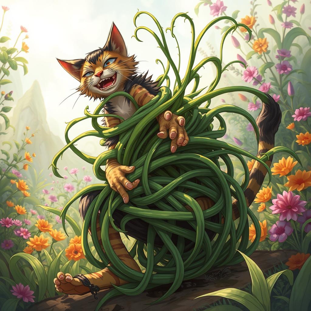 A dynamic illustration featuring Tangle Grass, vividly depicted as it wraps tightly around the legs of a cat-person, effectively constricting and immobilizing him