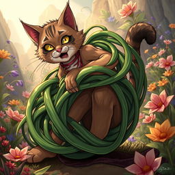 A dynamic illustration featuring Tangle Grass, vividly depicted as it wraps tightly around the legs of a cat-person, effectively constricting and immobilizing him