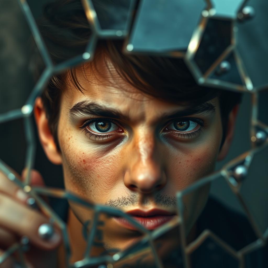 A realistic portrait of a young man with striking hazel eyes, staring intently from behind a fractured cubic mirror