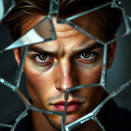 A realistic portrait of a young man with striking hazel eyes, staring intently from behind a fractured cubic mirror