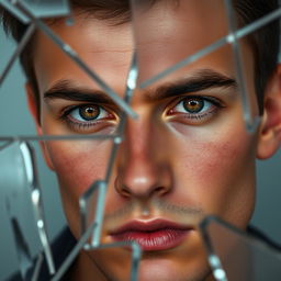 A realistic portrait of a young man with striking hazel eyes, staring intently from behind a fractured cubic mirror