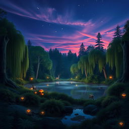 An enchanting forest scene at dusk, illuminated by soft bioluminescent plants and glowing mushrooms