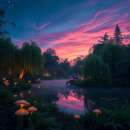 An enchanting forest scene at dusk, illuminated by soft bioluminescent plants and glowing mushrooms