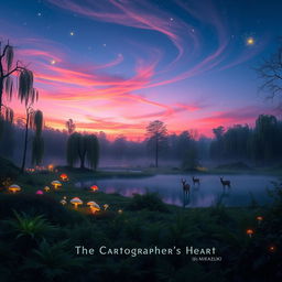 An enchanting forest scene at dusk, illuminated by soft bioluminescent plants and glowing mushrooms