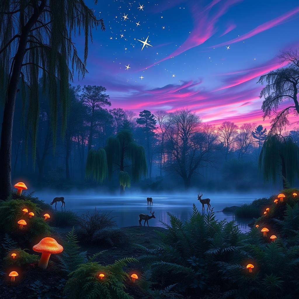 An enchanting forest scene at dusk, illuminated by soft bioluminescent plants and glowing mushrooms