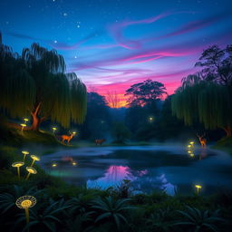 An enchanting forest scene at dusk, illuminated by soft bioluminescent plants and glowing mushrooms