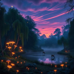 An enchanting forest scene at dusk, illuminated by soft bioluminescent plants and glowing mushrooms