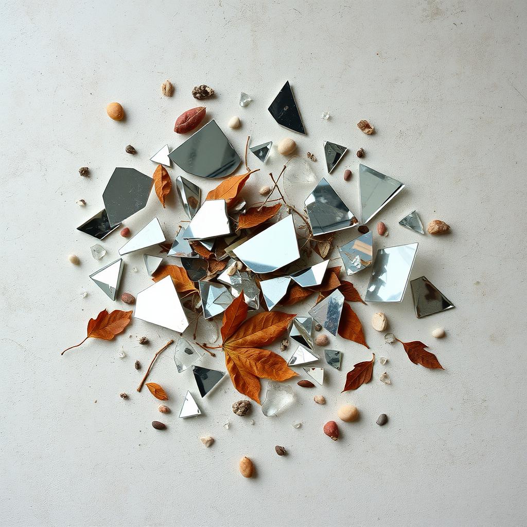 An abstract representation titled 'Fragments', creatively showcasing various shards of glass and mirrors scattered across a textured surface