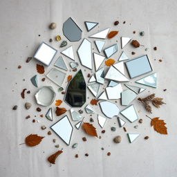 An abstract representation titled 'Fragments', creatively showcasing various shards of glass and mirrors scattered across a textured surface