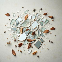 An abstract representation titled 'Fragments', creatively showcasing various shards of glass and mirrors scattered across a textured surface