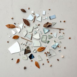 An abstract representation titled 'Fragments', creatively showcasing various shards of glass and mirrors scattered across a textured surface