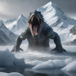 Detailed depiction of a massive, menacing sea monster emerging from an icy lake situated at the foot of a snow-capped mountain