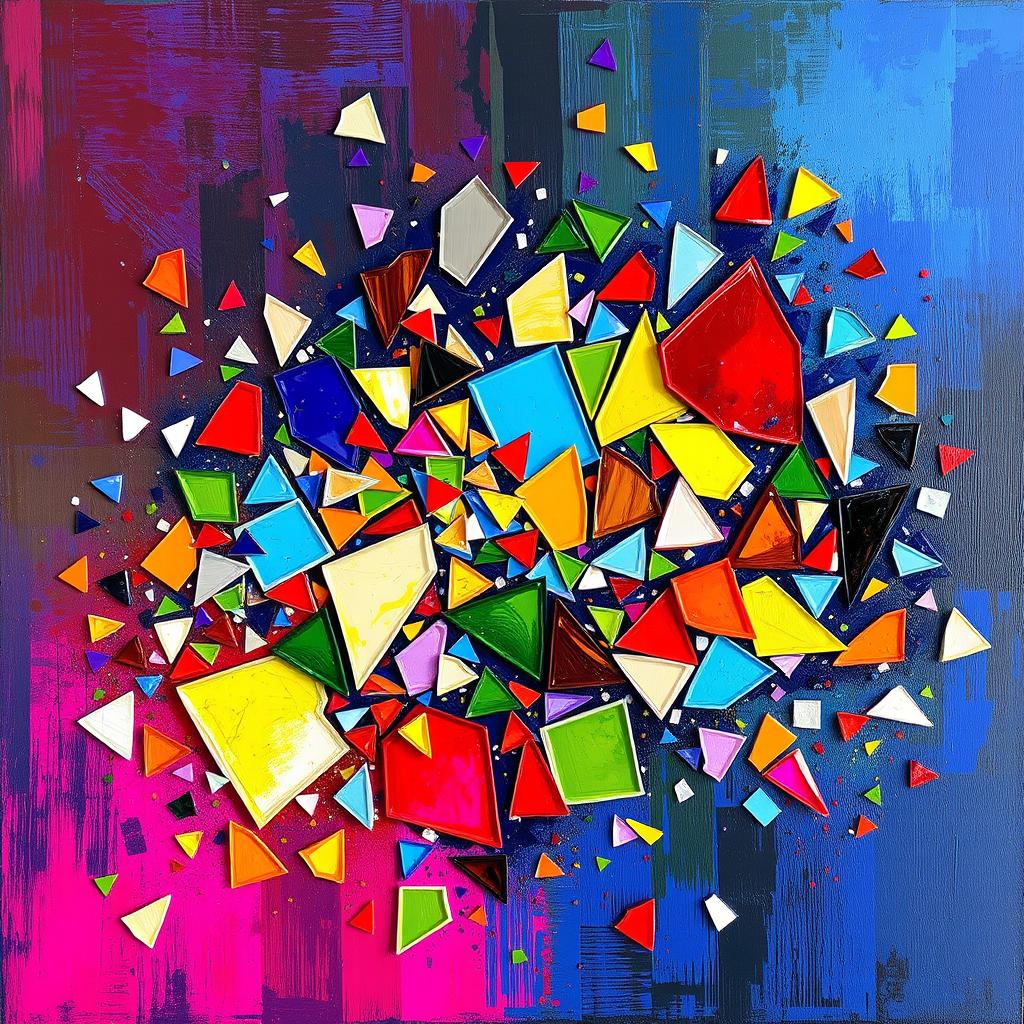 An expressive abstract artwork titled 'Fragments', featuring an array of fragmented geometric shapes and colorful glass shards scattered across a vibrant canvas