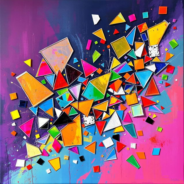 An expressive abstract artwork titled 'Fragments', featuring an array of fragmented geometric shapes and colorful glass shards scattered across a vibrant canvas