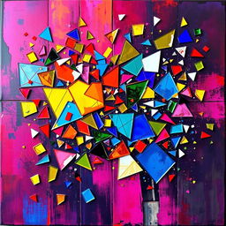 An expressive abstract artwork titled 'Fragments', featuring an array of fragmented geometric shapes and colorful glass shards scattered across a vibrant canvas