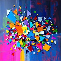 An expressive abstract artwork titled 'Fragments', featuring an array of fragmented geometric shapes and colorful glass shards scattered across a vibrant canvas