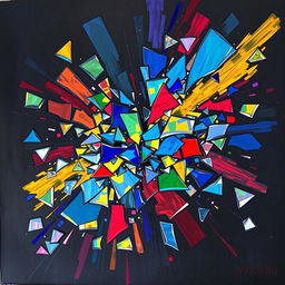 An expressive abstract artwork titled 'Fragments', depicting a dynamic composition of shattered colored glass pieces scattered across a dark canvas